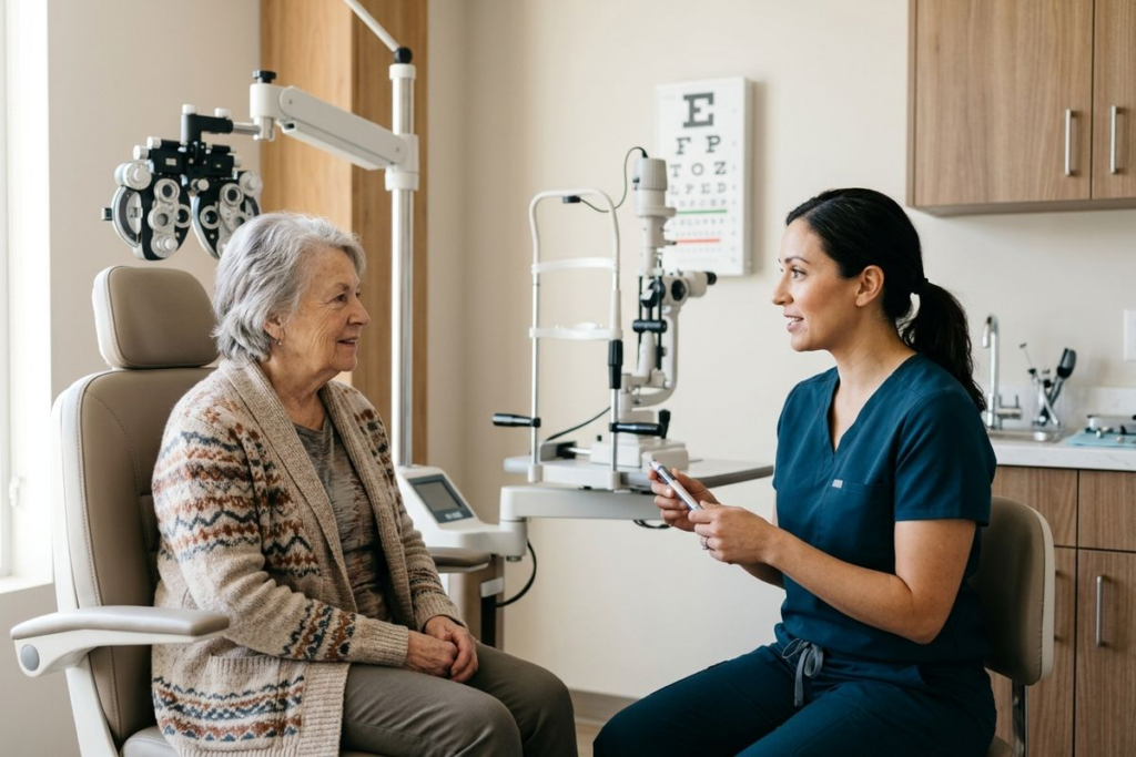 eye doctor is consulting with the patient at the clinic