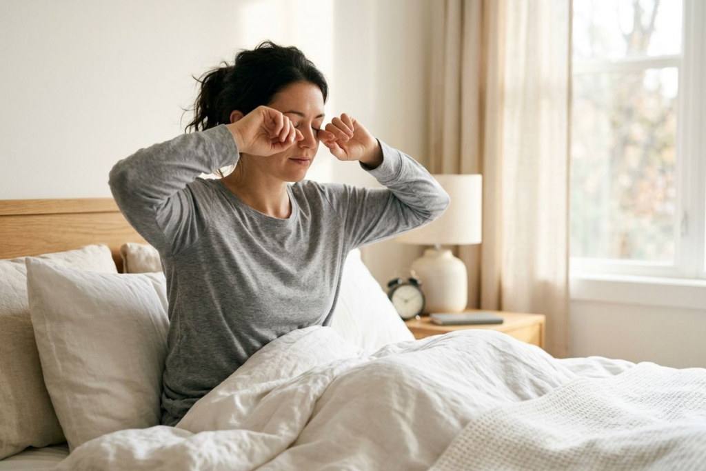 a person rubbing her eyes on the bed in the morning