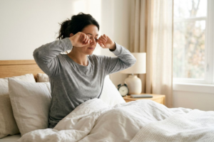 a person rubbing her eyes on the bed in the morning