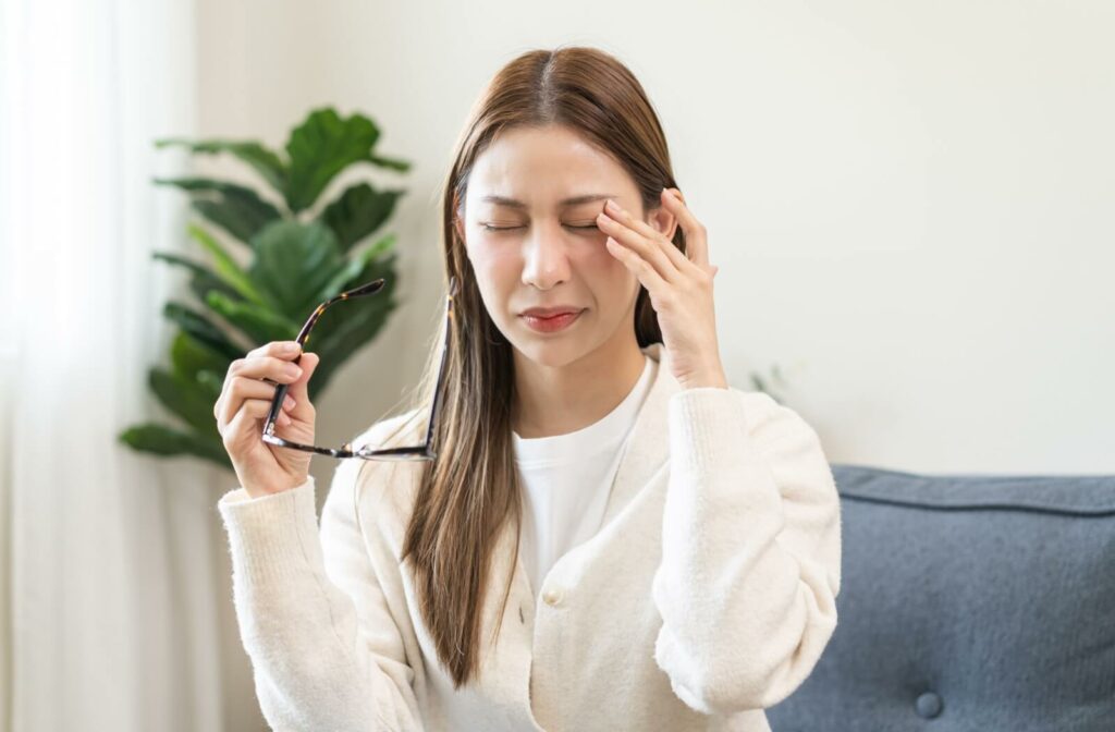 Woman experiencing eye irritation while holding her eyeglasses, illustrating common symptoms of eye allergies or pink eye.