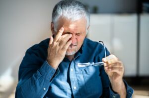 Someone in pain removes their glasses and touches their sore, closed eye.