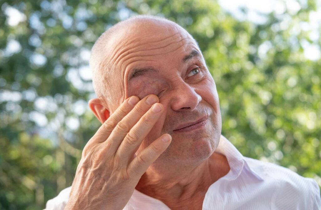 A person stands outside and gently rubs their closed eye with their fingers, appearing to feel some discomfort.
