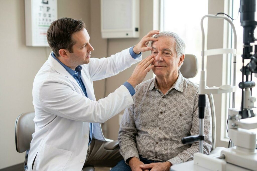A focused optometrist examines an older adult patient in an eye clinic, using fingers to gently hold the patient's right eyelid open.