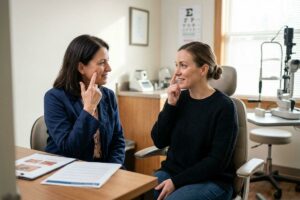 Optometrist and a seated patient in an eye exam room. They are smiling and pointing to their own faces while looking at each other across a desk.