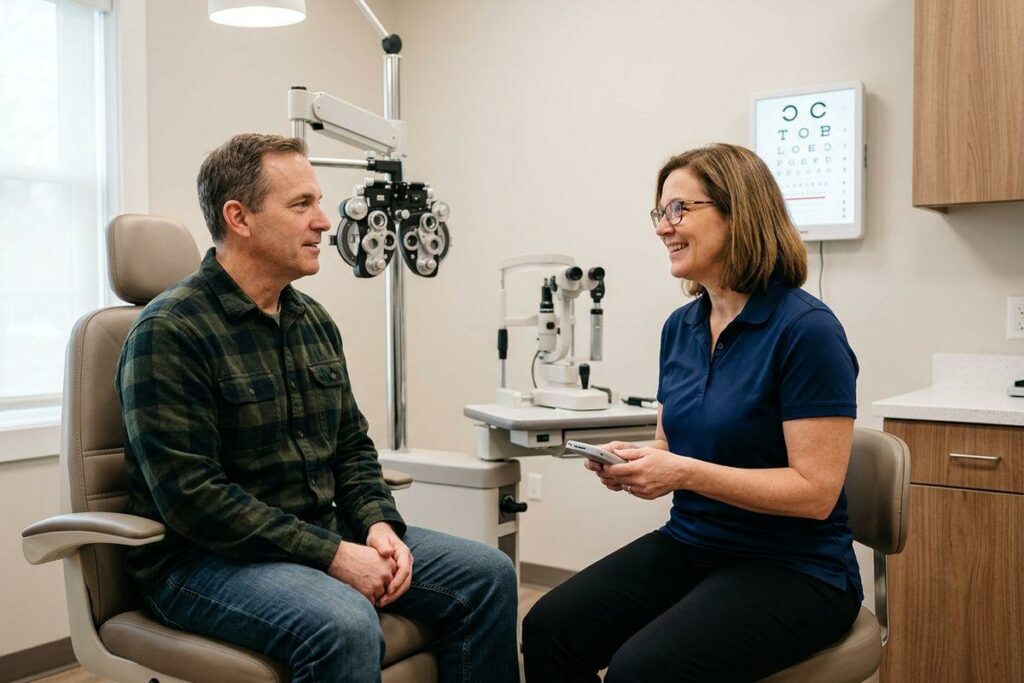 A smiling optometrist and adult patient talk in an eye exam room with a phoropter and vision chart in the background.