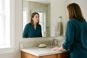 An adult in a blue shirt stands at a bathroom sink, looking with a serious expression at their reflection in the mirror.