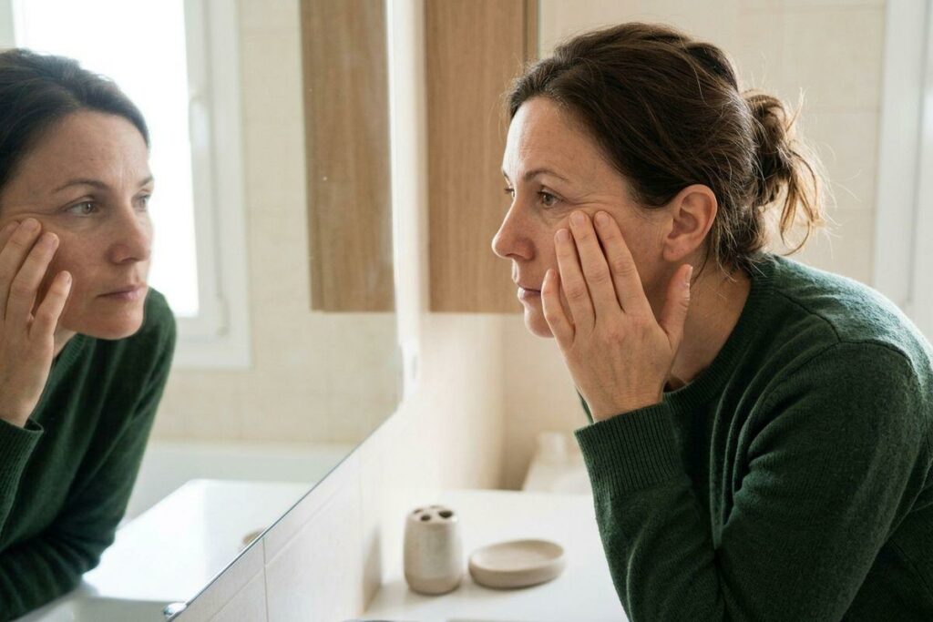 Adult in a green sweater leans toward a bathroom mirror, touching their cheeks and studying their reflection with a focused expression.