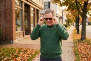 Adult in a green sweater smiling while putting on sunglasses on a sidewalk lined with autumn leaves and brick buildings.