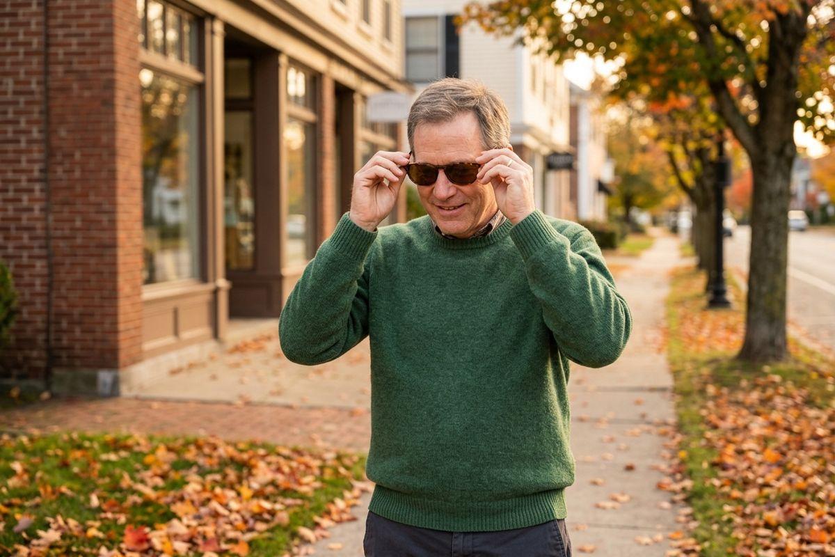Adult in a green sweater smiling while putting on sunglasses on a sidewalk lined with autumn leaves and brick buildings.