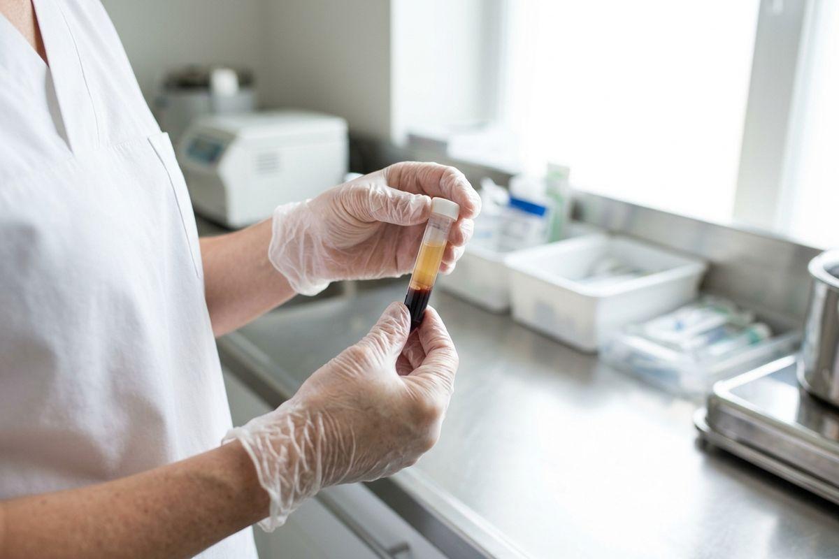 Gloved hands of a lab worker holding a tube of separated blood beside a metal counter with a centrifuge in the background.