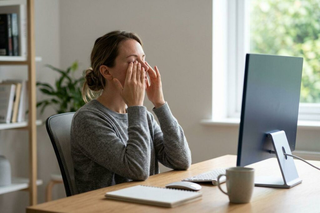 Person in a grey sweater sitting at a desk, rubbing both eyes with their hands in front of a computer monitor, notebook and mug nearby.